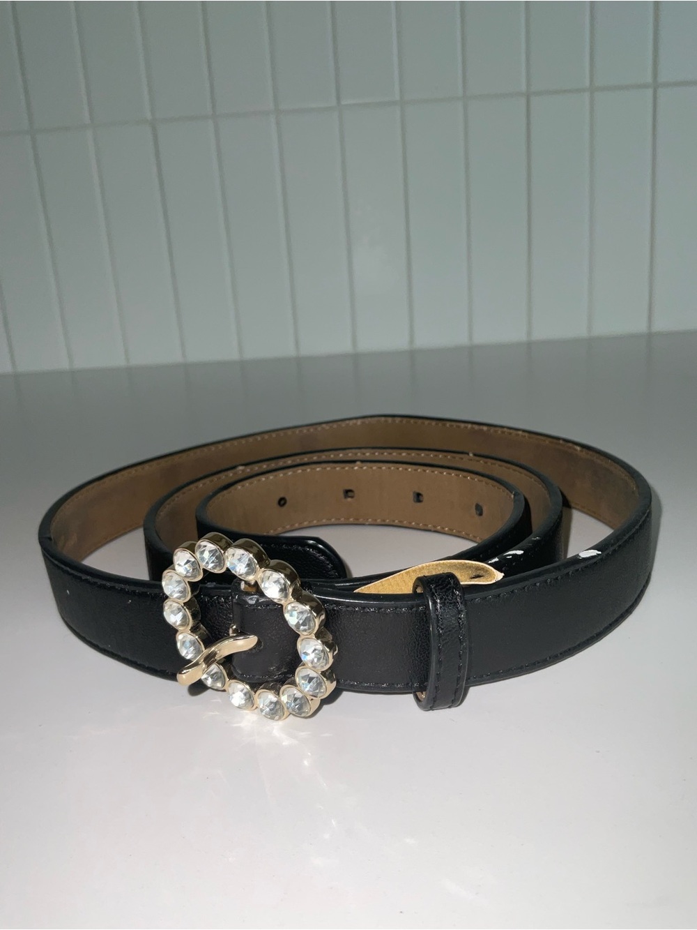 Talbots Black Leather Belt with Crystal Circle Buckle